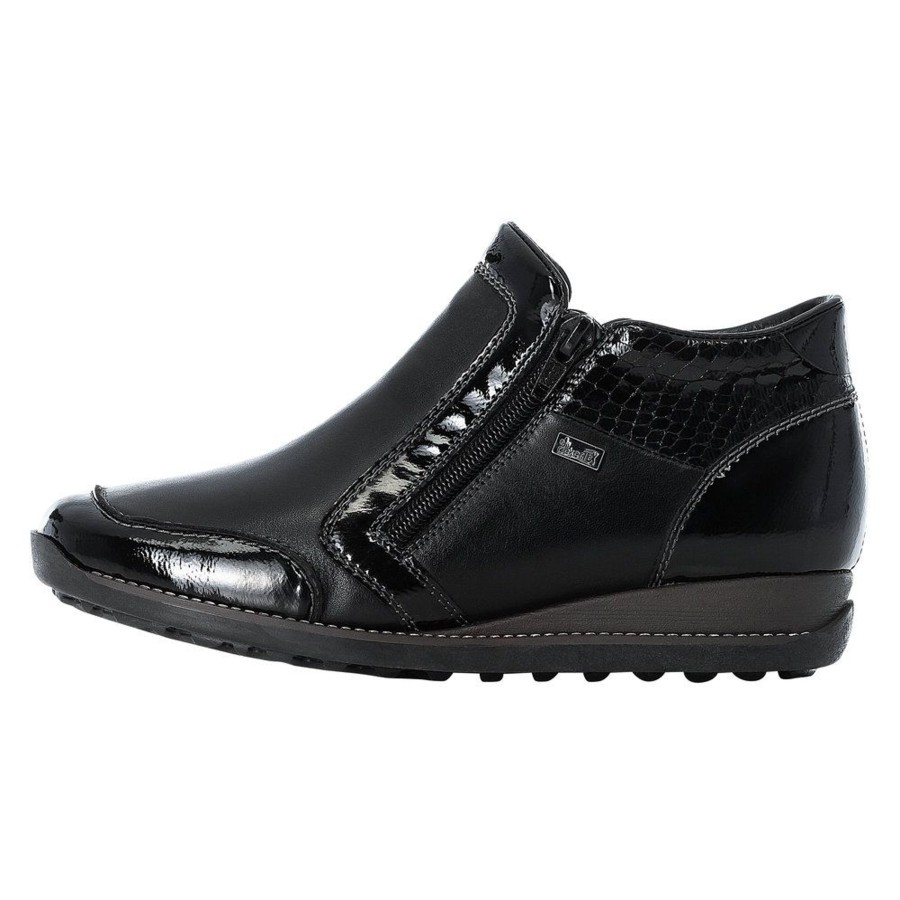 Women Rieker | Luxor Black Patent Trim Double Zipper Ankle Boot