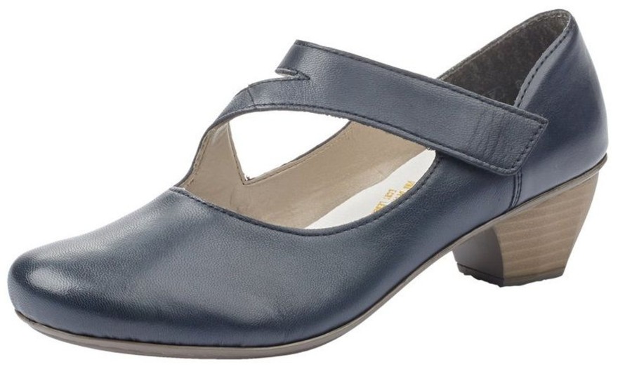 Women Rieker | Lugano Dark Blue Leather Mary Jane Heel