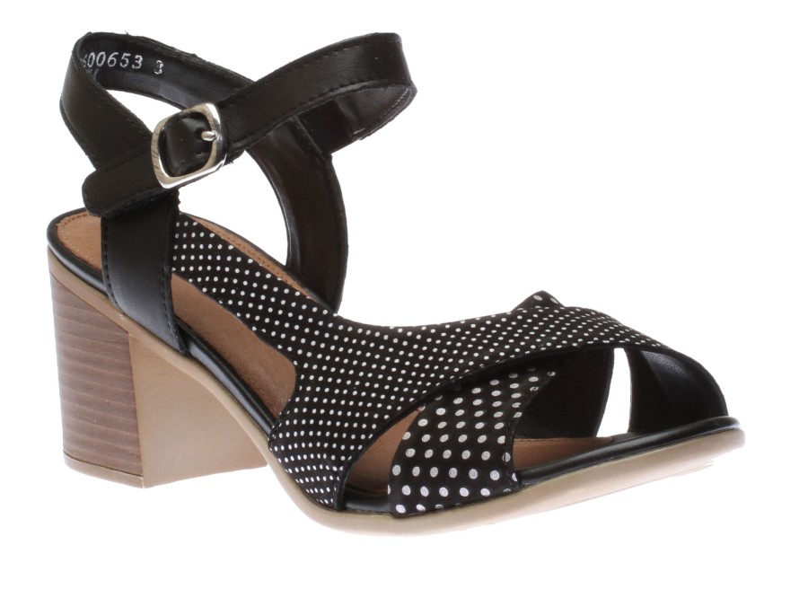 Women Remonte | Talamon Black White Polka Dot Block Heel Sandal