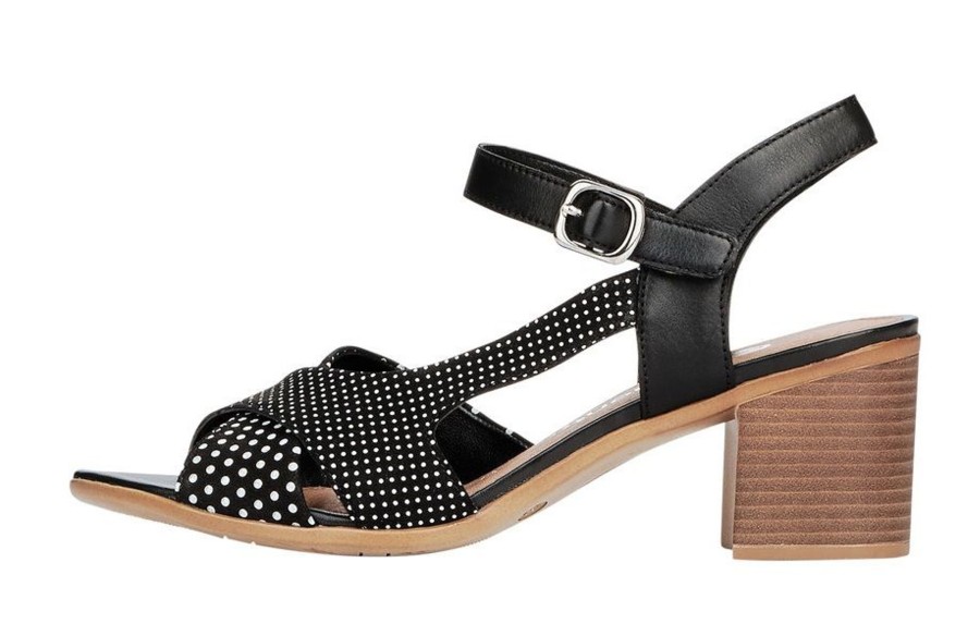 Women Remonte | Talamon Black White Polka Dot Block Heel Sandal