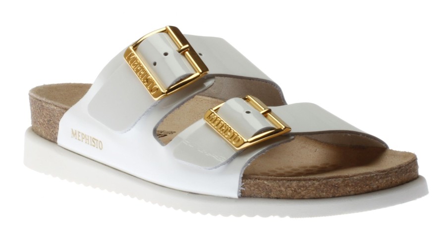 Women Mephisto | Hester White Patent Gold Buckle Slide Sandal