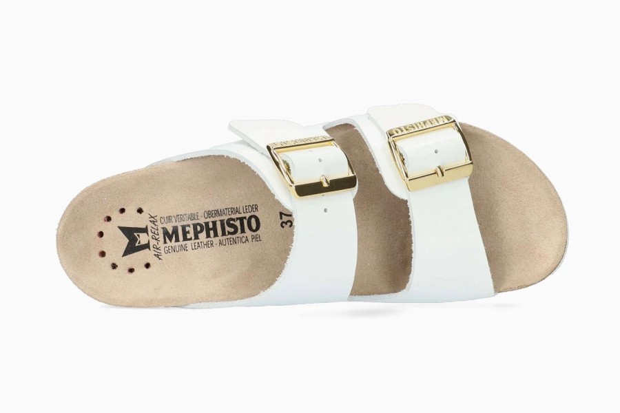 Women Mephisto | Hester White Patent Gold Buckle Slide Sandal