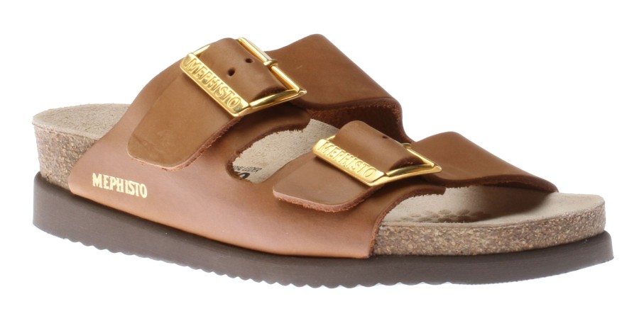 Women Mephisto | Hester Camel Brown Scratch Gold Buckle Slide Sandal