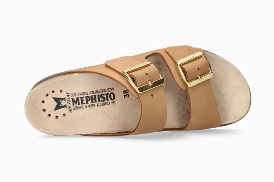 Women Mephisto | Hester Camel Brown Scratch Gold Buckle Slide Sandal