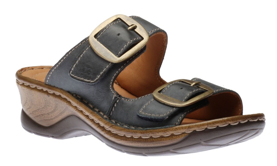 Women Josef Seibel | Catalonia 76 Dark Blue Leather Big Buckle Slide Wedge Sandal