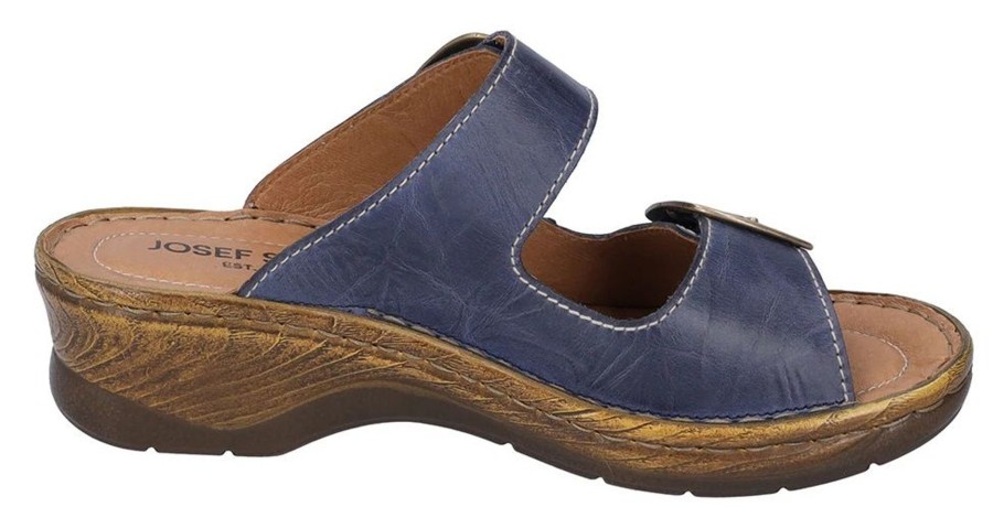 Women Josef Seibel | Catalonia 76 Dark Blue Leather Big Buckle Slide Wedge Sandal