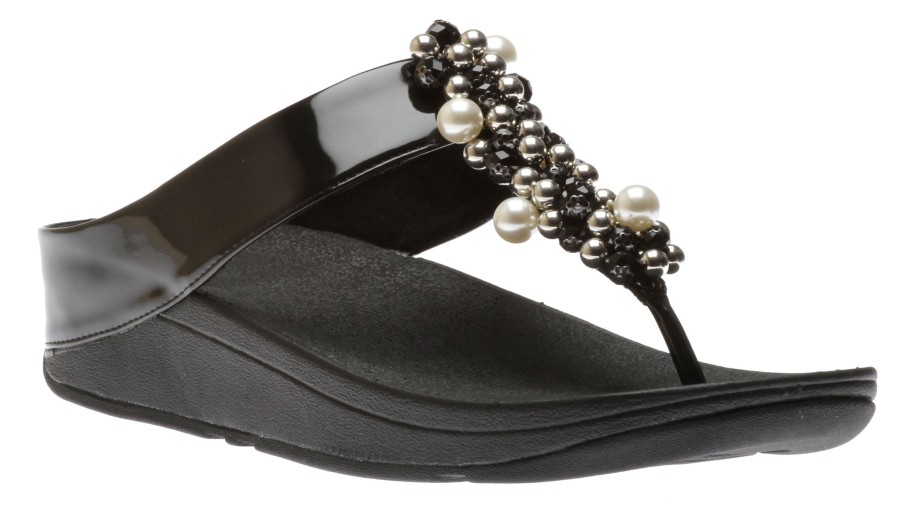 Women Fit Flop | Deco Black Pearlized Patent Faux Leather Thong Sandal