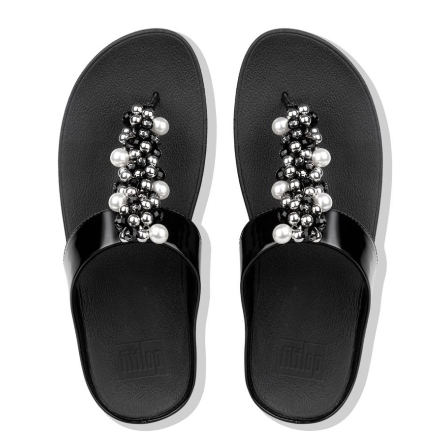 Women Fit Flop | Deco Black Pearlized Patent Faux Leather Thong Sandal