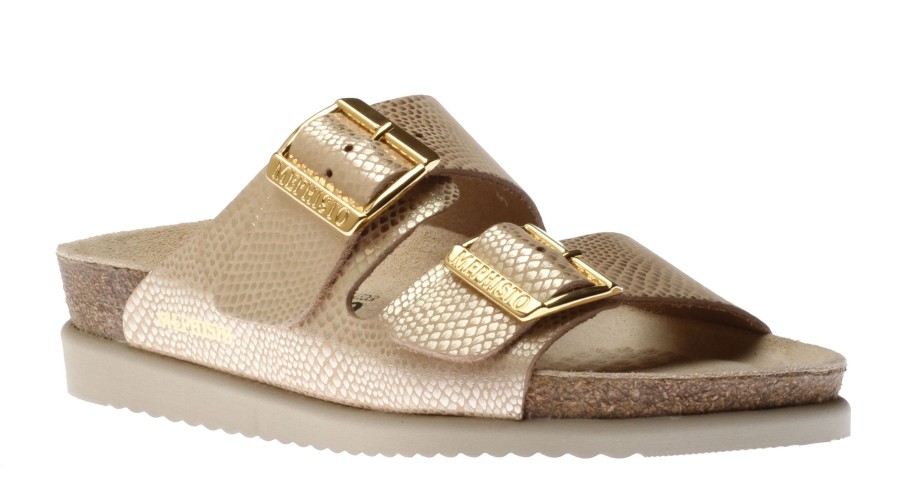 Women Mephisto | Hester Light Sand Gold Buckle Textured Leather Slide Sandal