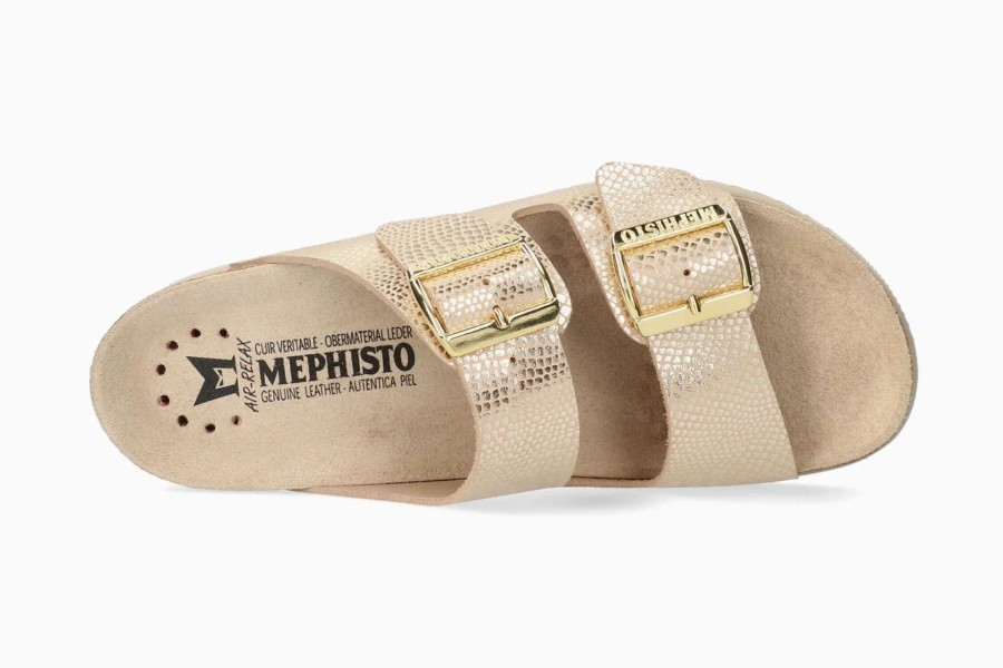 Women Mephisto | Hester Light Sand Gold Buckle Textured Leather Slide Sandal