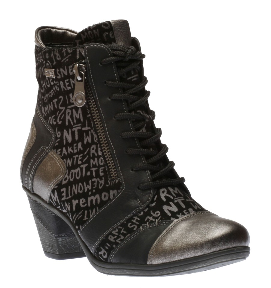 Women Remonte | Posen Black Print Lace-Up Ankle Boot