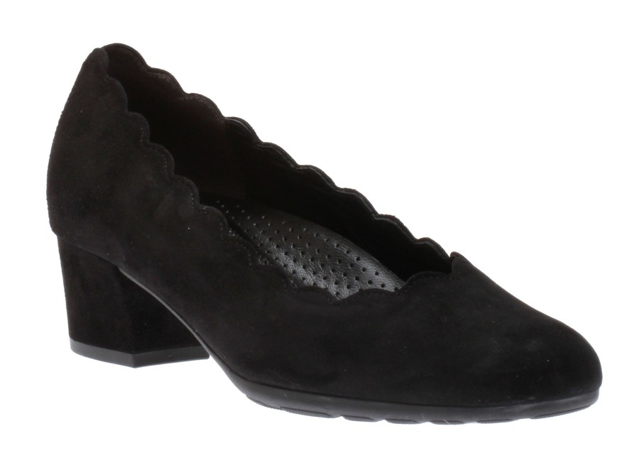 Women Gabor | 02.211.47 Black Suede Leather Scalloped Block Heel