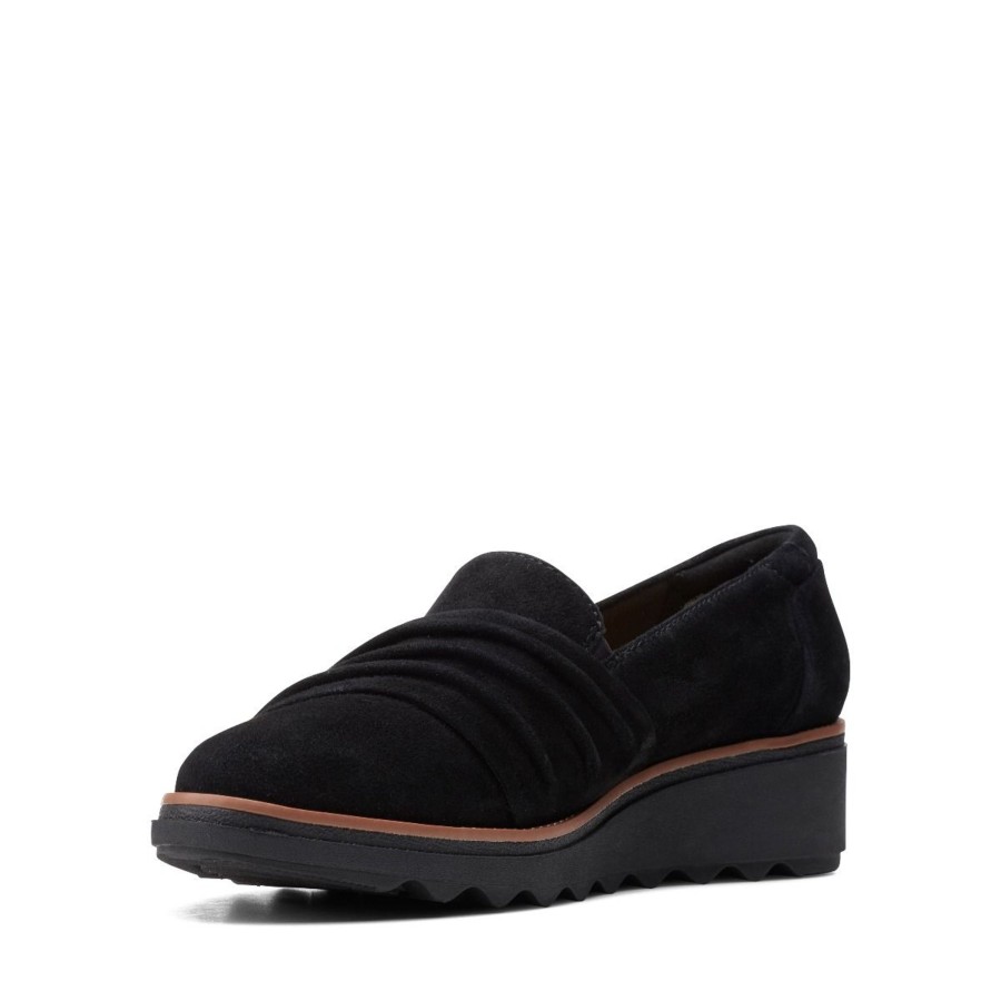 Women Clarks | Sharon Villa Black Suede Wedge Loafer