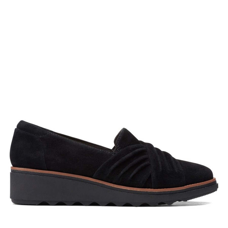 Women Clarks | Sharon Villa Black Suede Wedge Loafer