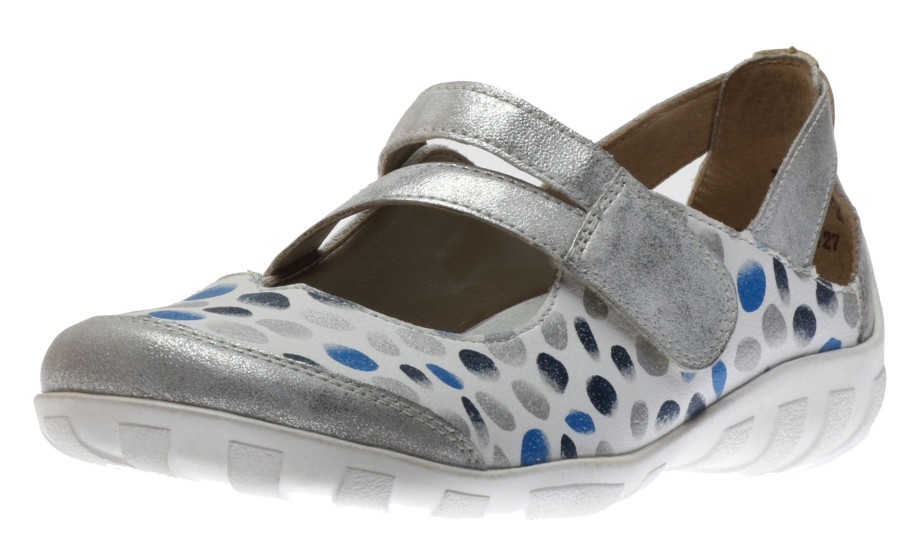 Women Remonte | Space White Silver Blue Dot Cutout Mary Jane Flat Shoe