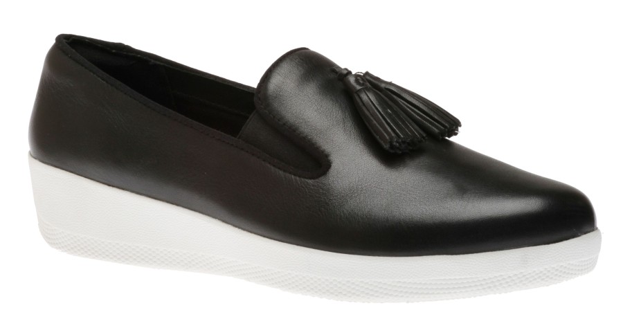 Women Fit Flop | Superskate Black Leather Tassel Loafer