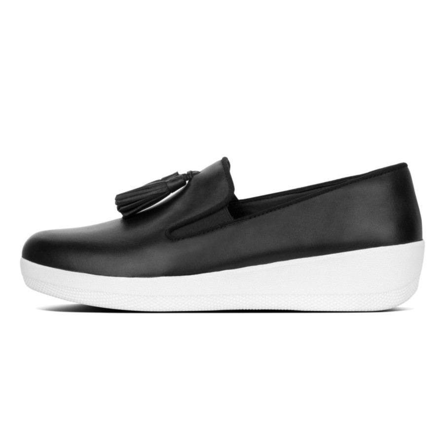 Women Fit Flop | Superskate Black Leather Tassel Loafer