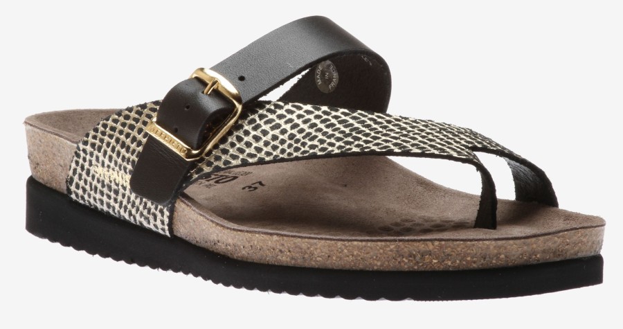 Women Mephisto | Helen Mix Black Gold Cuba Leather Thong Sandal