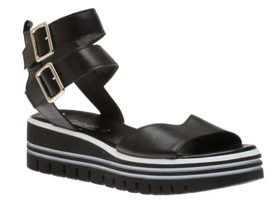 Women Gabor | 44.621.27 Black White Buckle Leather Sandal