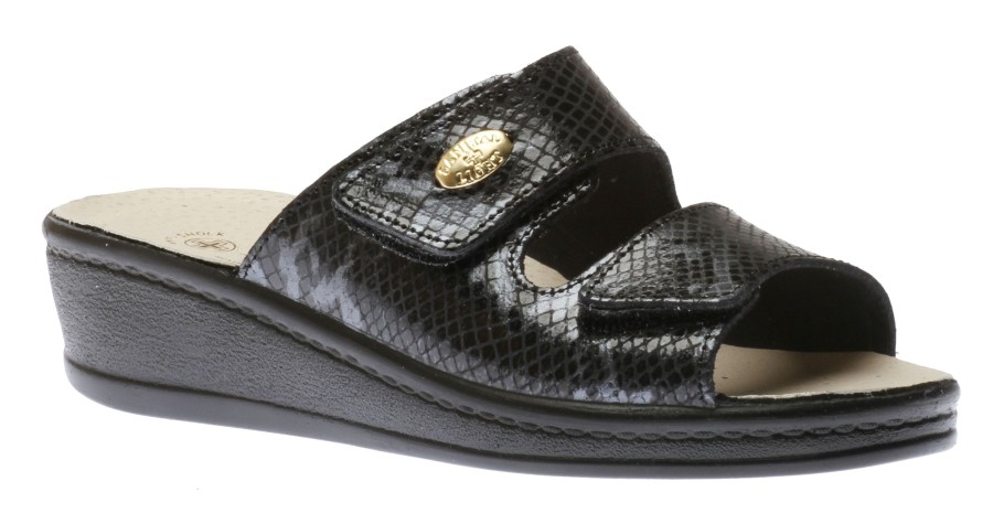 Women Lady Diana | Black Snakeskin Slide Wedge Sandal