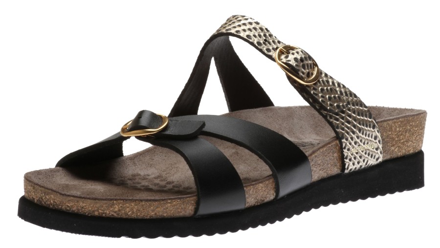 Women Mephisto | Hannel Cuba Black Gold Textured Leather Slide Sandal