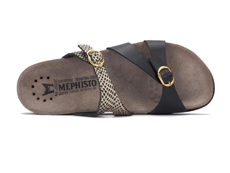 Women Mephisto | Hannel Cuba Black Gold Textured Leather Slide Sandal