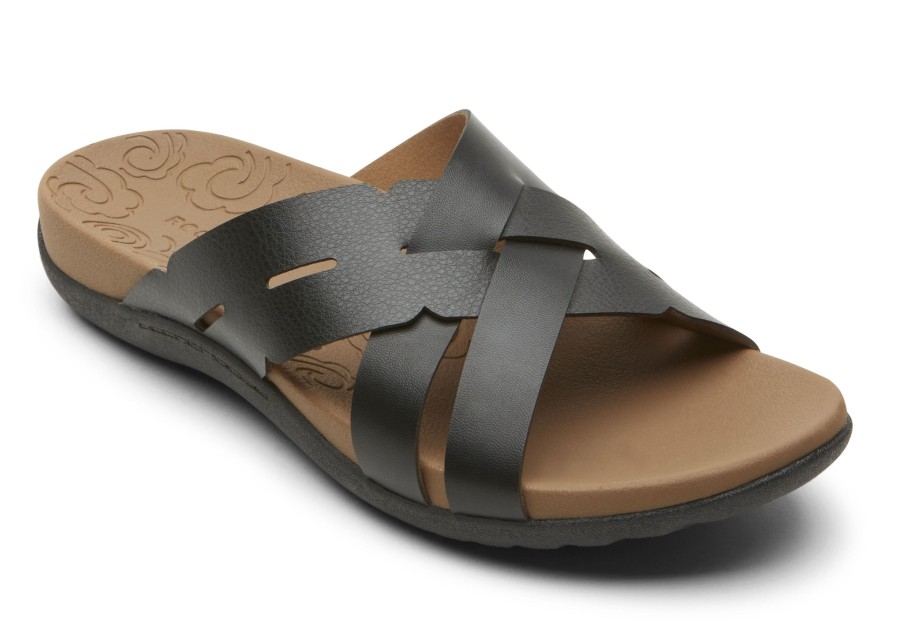 Women Rockport | Ridge Woven Black Leather Slide Sandal