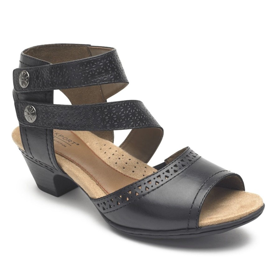 Women Rockport | Abbott Black Leather Cuff Strap Sandal