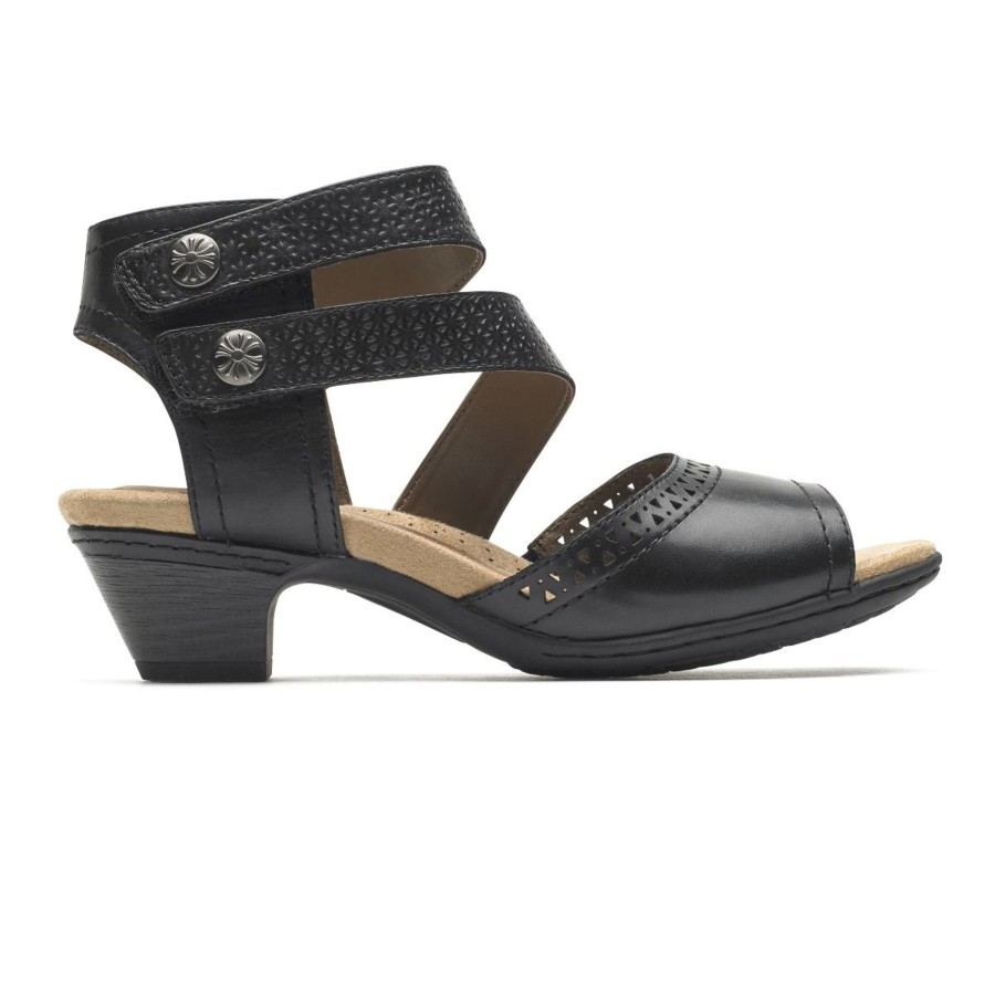 Women Rockport | Abbott Black Leather Cuff Strap Sandal