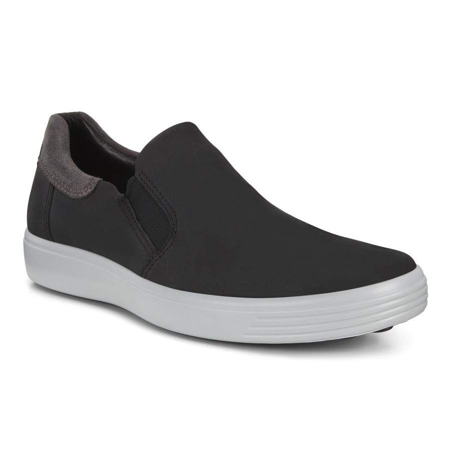 Men Ecco | Men'S Soft 7 Black Nubuck Leather Slip-On Sneaker