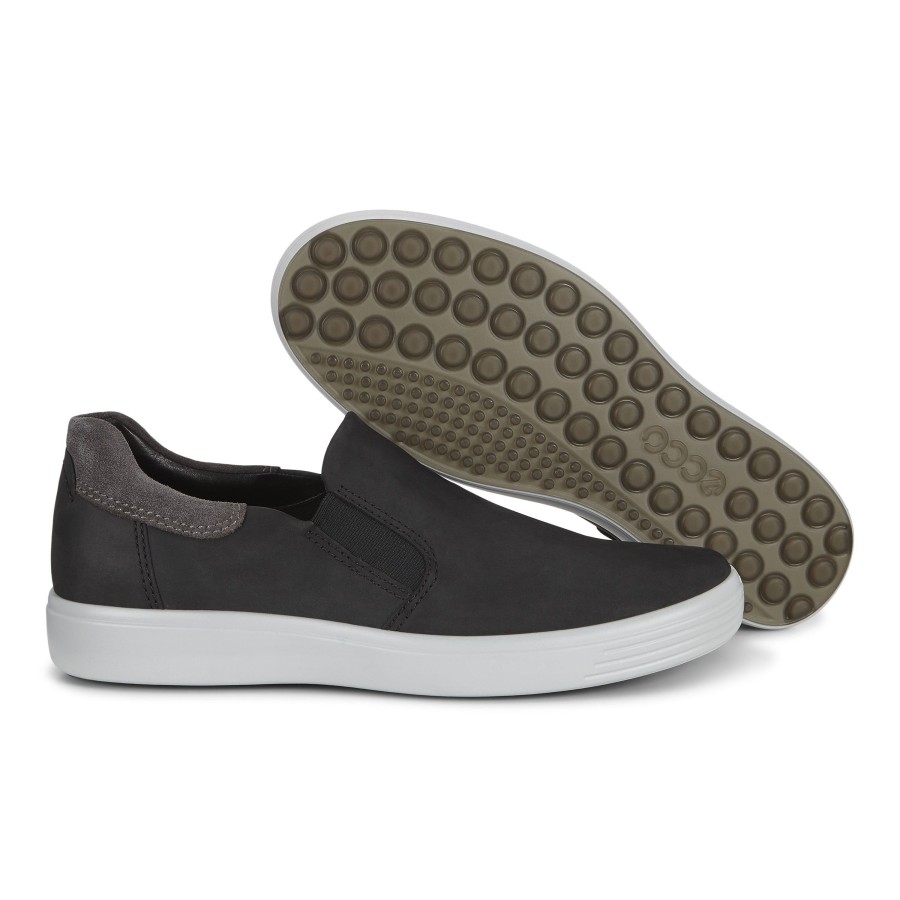 Men Ecco | Men'S Soft 7 Black Nubuck Leather Slip-On Sneaker