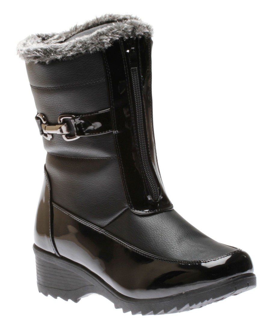 Women Shoe Tech | Front Zipper Faux Fur Trim Black Patent Vegan Leather Winter Boot