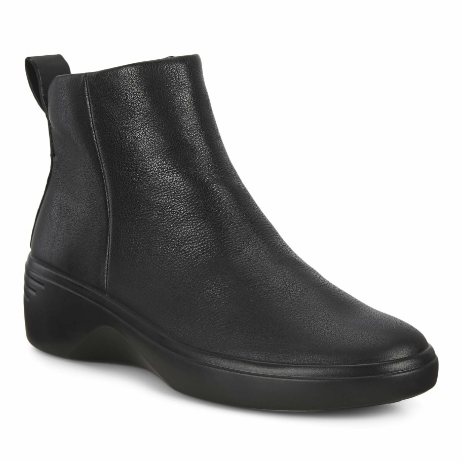 Women Ecco | Soft 7 Black Leather Wedge Boot