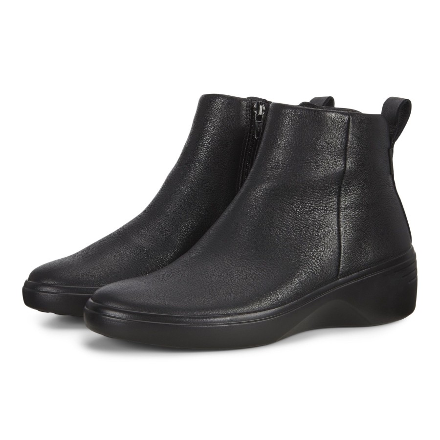 Women Ecco | Soft 7 Black Leather Wedge Boot