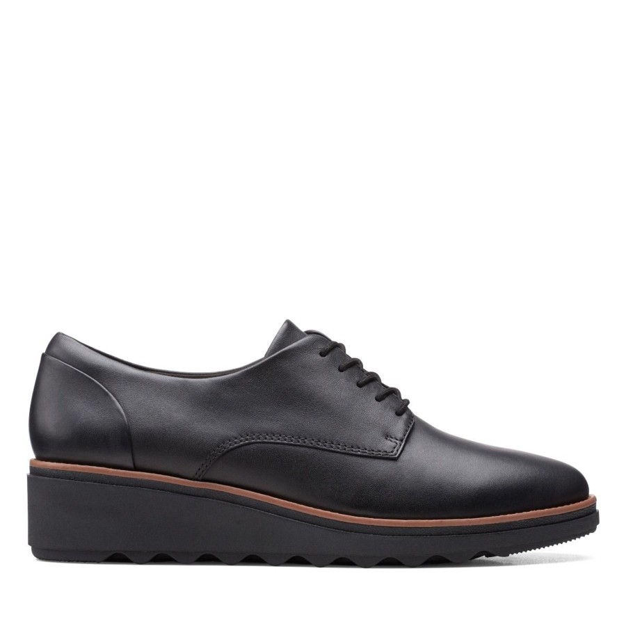 Women Clarks | Sharon Noel Black Leather Lace-Up Wedge Oxford