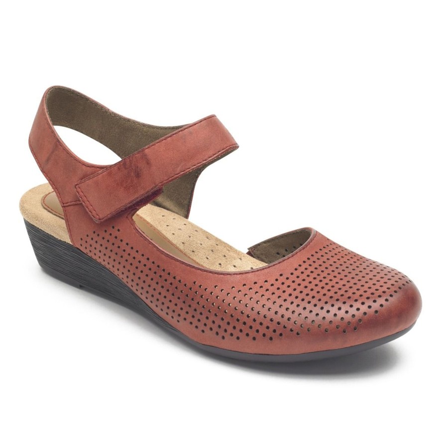 Women Rockport | Judson Red Perforated Leather Wedge Sandal