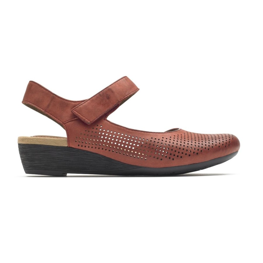 Women Rockport | Judson Red Perforated Leather Wedge Sandal