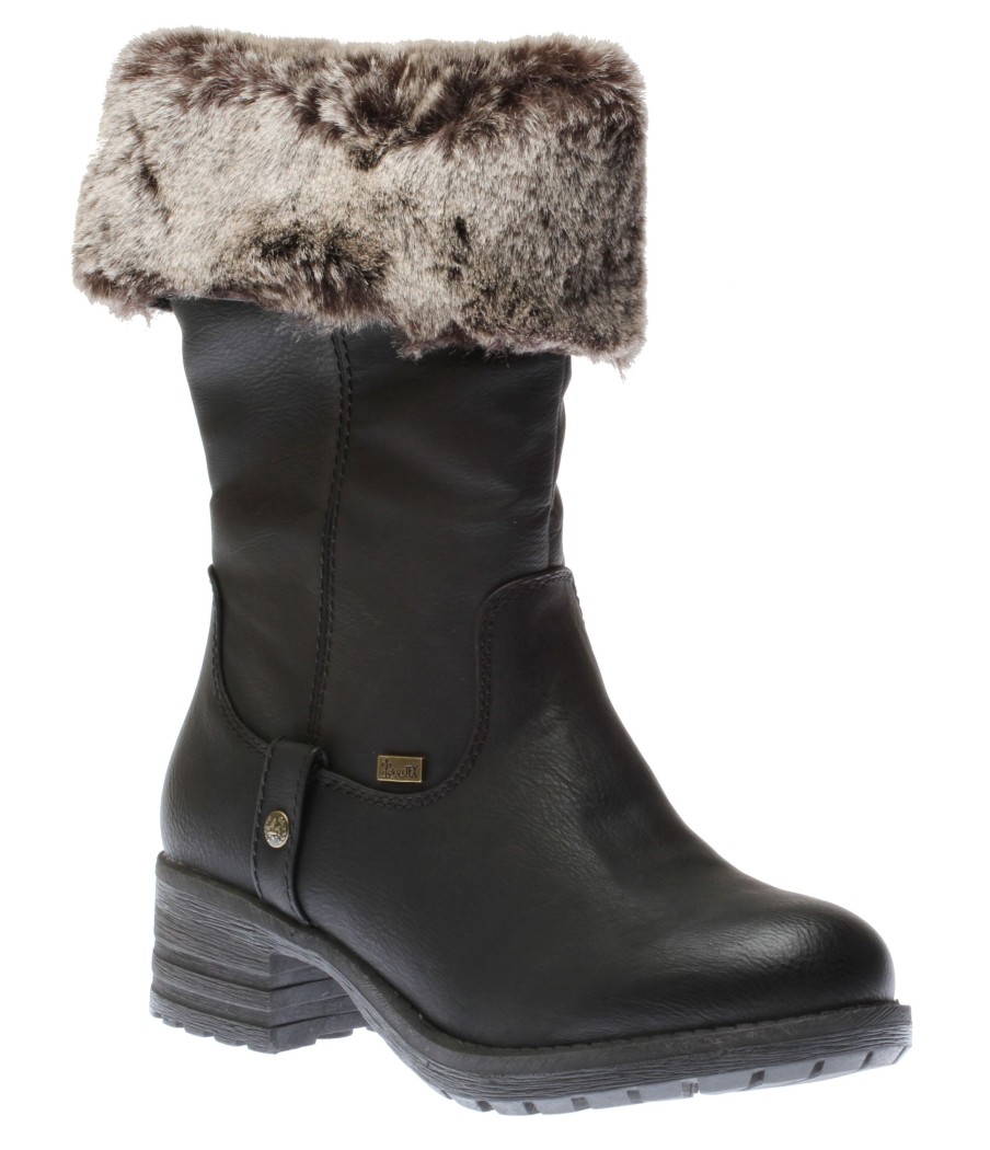 Women Rieker | Belinga Black Faux Fur Trim Boot