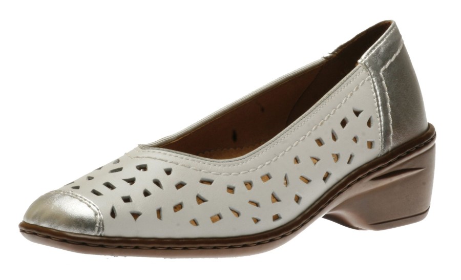 Women Jenny by Ara | Rashida White Silver Perforated Leather Low Heel Pump