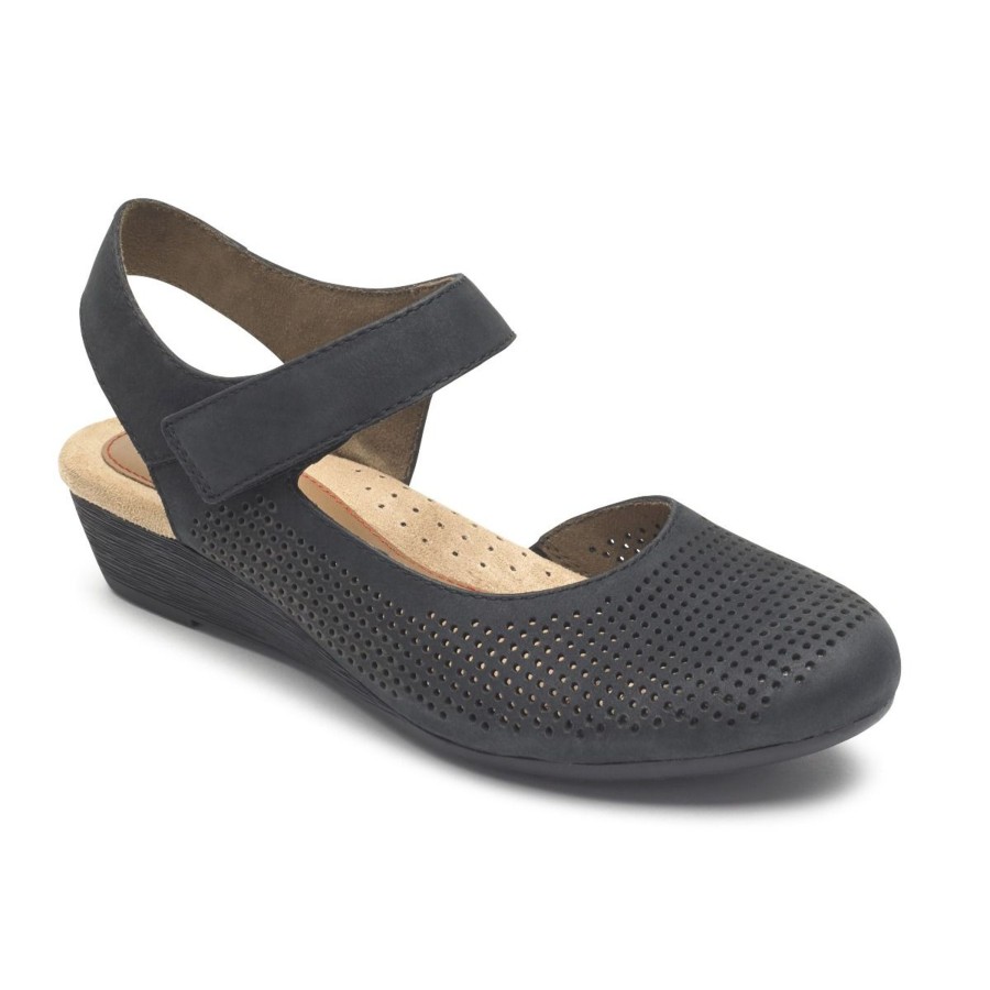 Women Rockport | Judson Black Perforated Leather Wedge Sandal