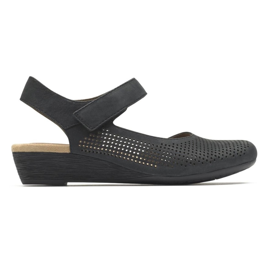 Women Rockport | Judson Black Perforated Leather Wedge Sandal