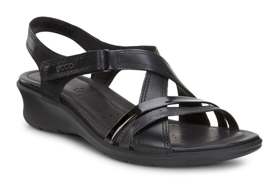 Women Ecco | Felicia Sandal Black Leather Adjustable Strap Wedge Sandal