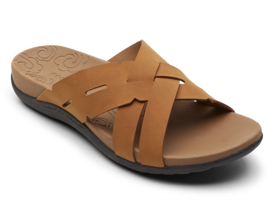 Women Rockport | Ridge Woven Tan Brown Leather Slide Sandal