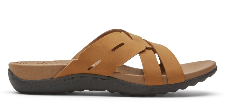 Women Rockport | Ridge Woven Tan Brown Leather Slide Sandal