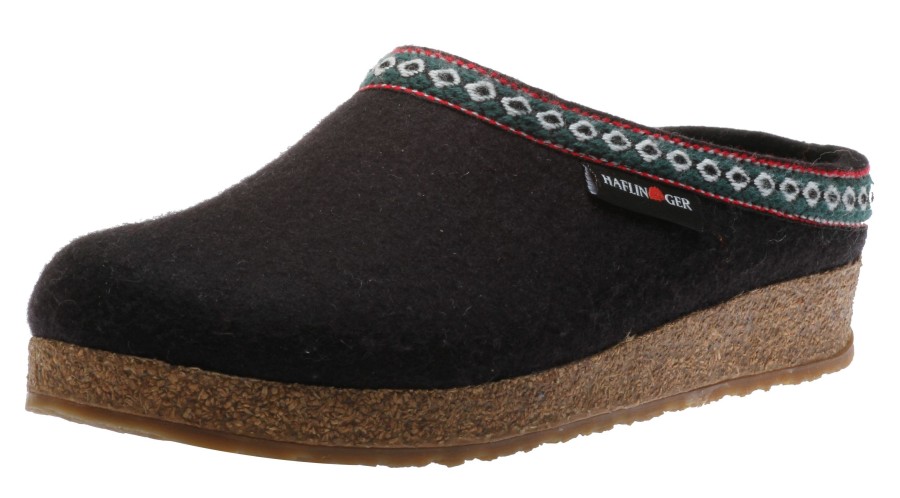 Women Haflinger | Grizzly Franzl Black Wool Patterned Trim Felt Clog