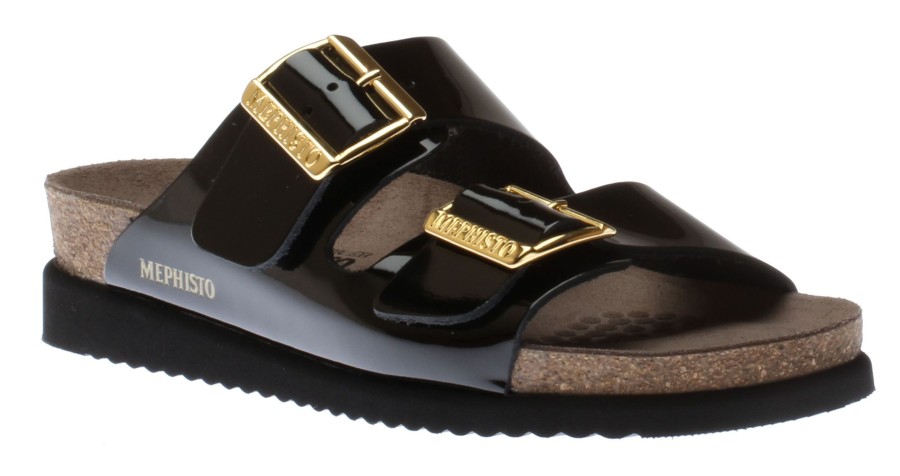 Women Mephisto | Hester Black Patent Gold Buckle Slide Sandal