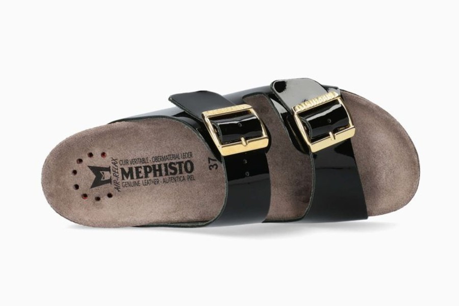 Women Mephisto | Hester Black Patent Gold Buckle Slide Sandal