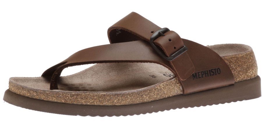 Women Mephisto | Helen Plus Wide Width Brown Leather Thong Sandal