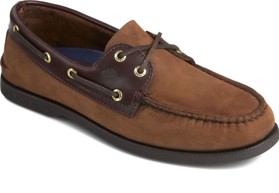 Men Sperry | Men'S Authentic Original Brown Nubuck Leather Two Eye Boat Shoe