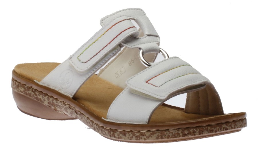 Women Rieker | Rock White Multicolour Stitch Slide Sandal